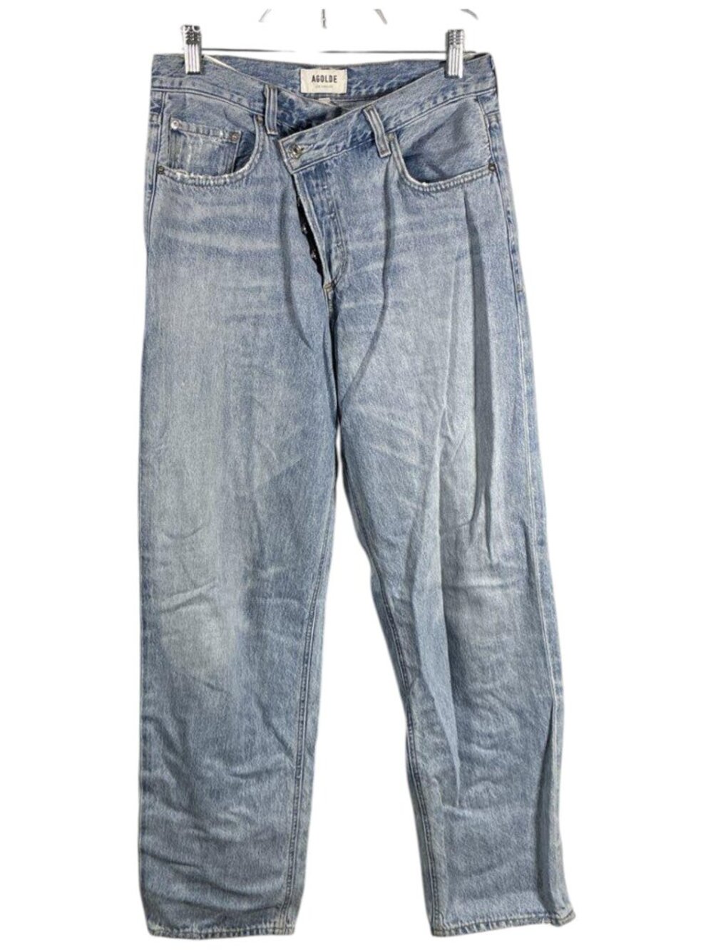 AGOLDE Criss Cross Upsized Jeans Light Wash Asymmetric Button Fly Size 27 - Picture 3 of 7